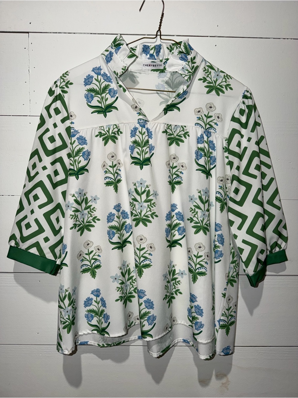 Cherry Betty Floral Mixed Print Mock Neck Blouse Top Size Small